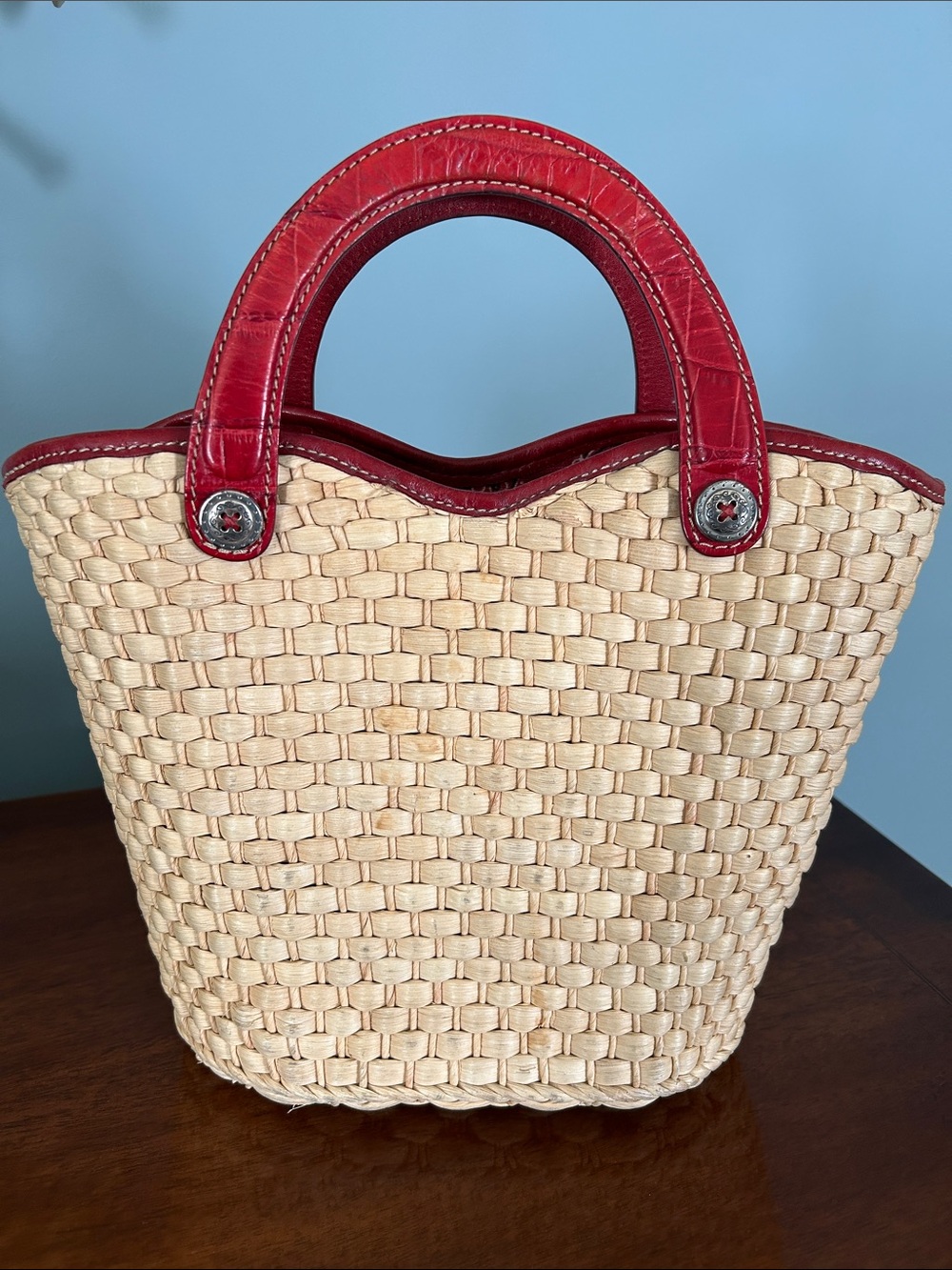 Brighton Red-Trim Woven Straw Tote with Floral Appliqués - Picture 2 of 5